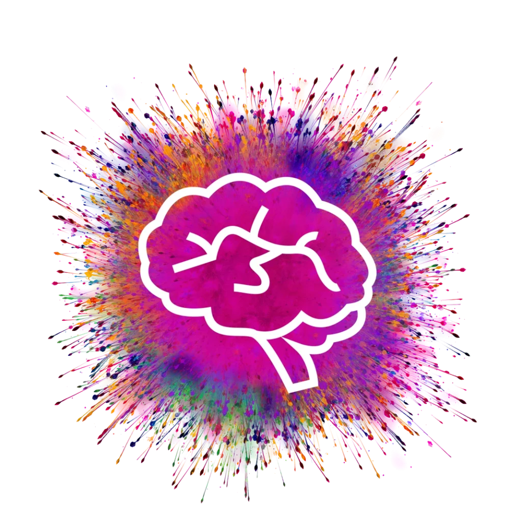 Exploding colorful sparks behind a white outline of a brain