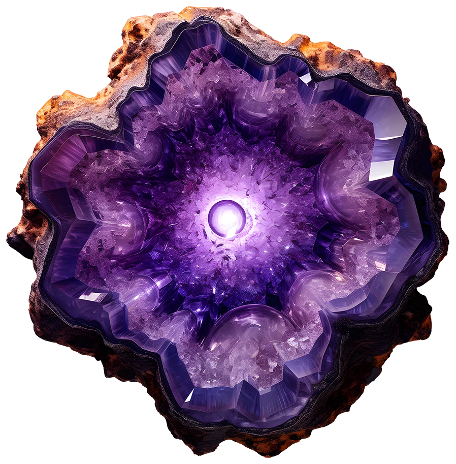 An amethyst geode with a shiny glowing center.