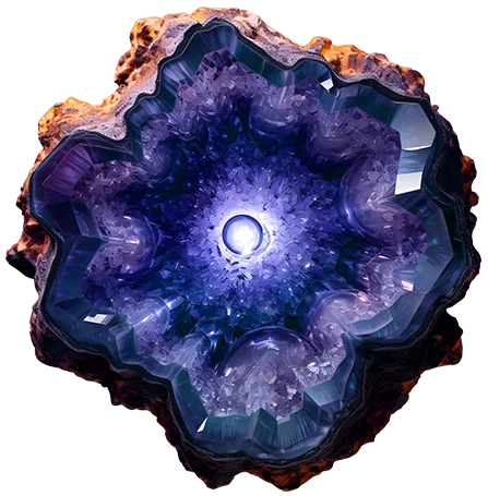 An amethyst geode with a shiny glowing center.
