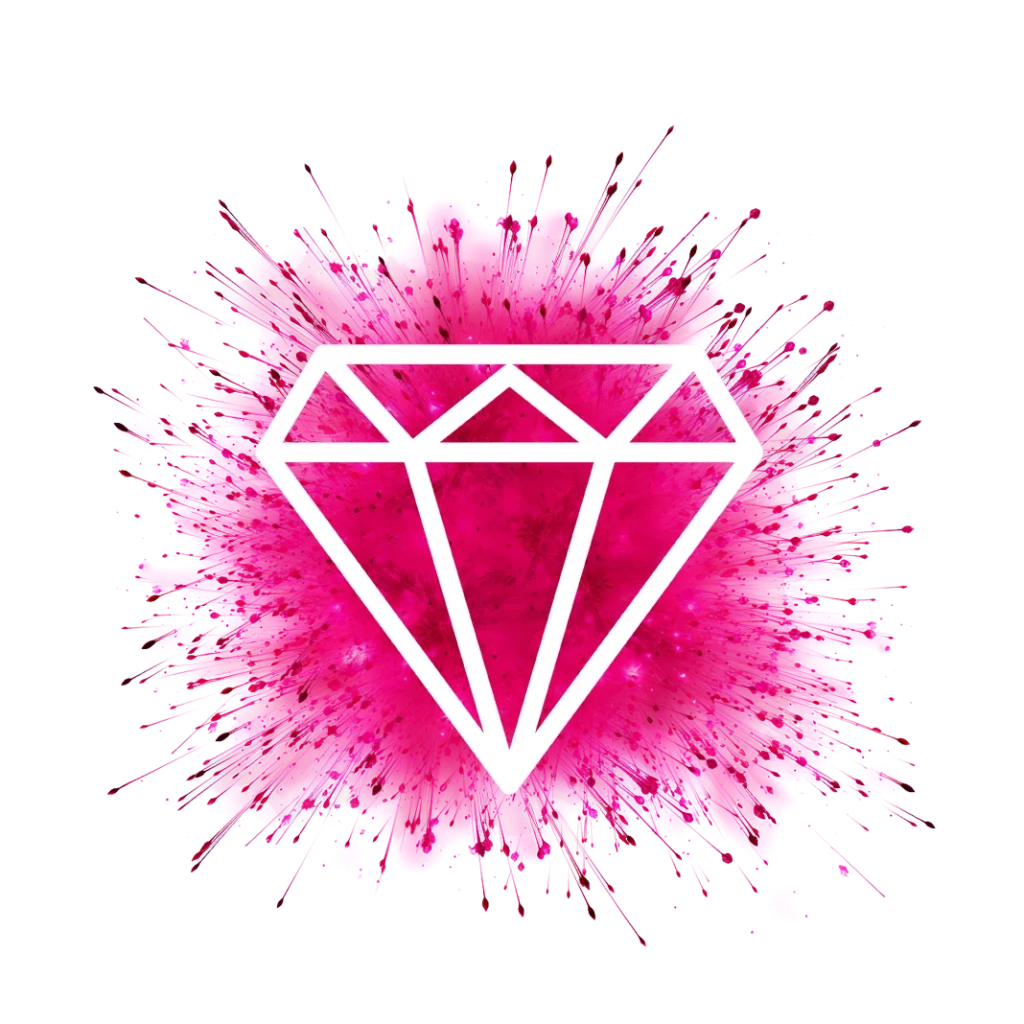 Exploding pink sparks behind a white diamond shape